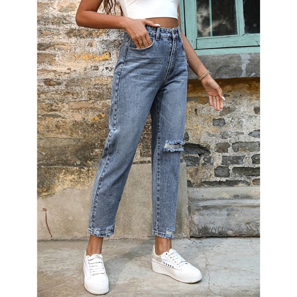 Ripped Frayed Hem Mom Jeans distressed denim straight leg high waisted light - Picture 5 of 7